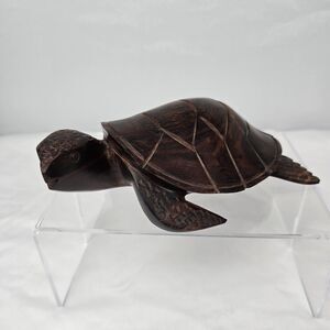 Turtle Figure Wood Hand Carved Beautiful Details Dark Brown Solid 8" x 5.75"